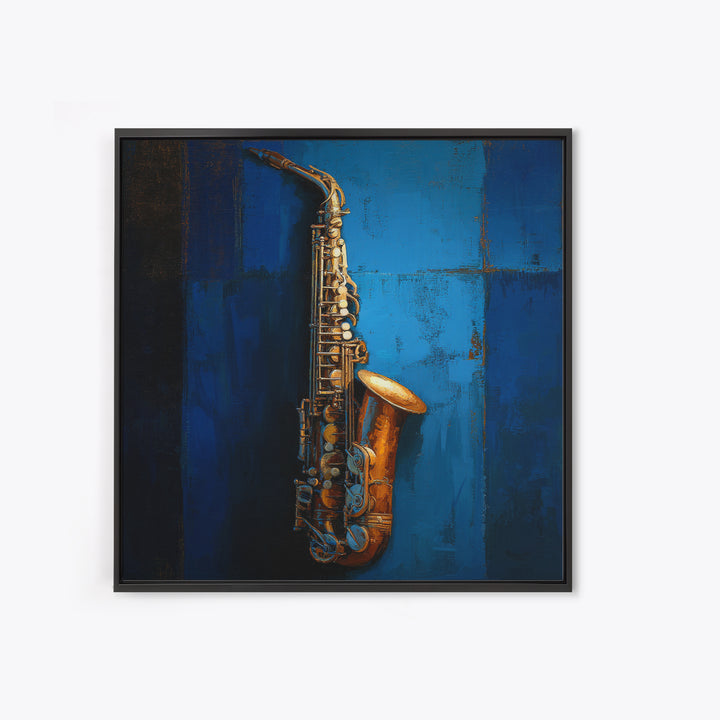 Jazz Saxophone with Smoky Blue Background Framed Canvas Print, Music Studio Art, Watercolor Print, Studio Decor, Rhythm, MSA-1x1-2