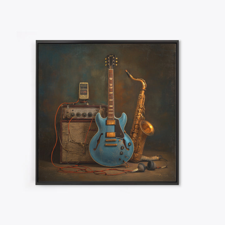 Electric Guitar Pedals and Cables Graphic Art Framed Canvas Print, Music Studio Art, Teen Room Decor, Studio Decor, Rhythm, MSA-1x1-21