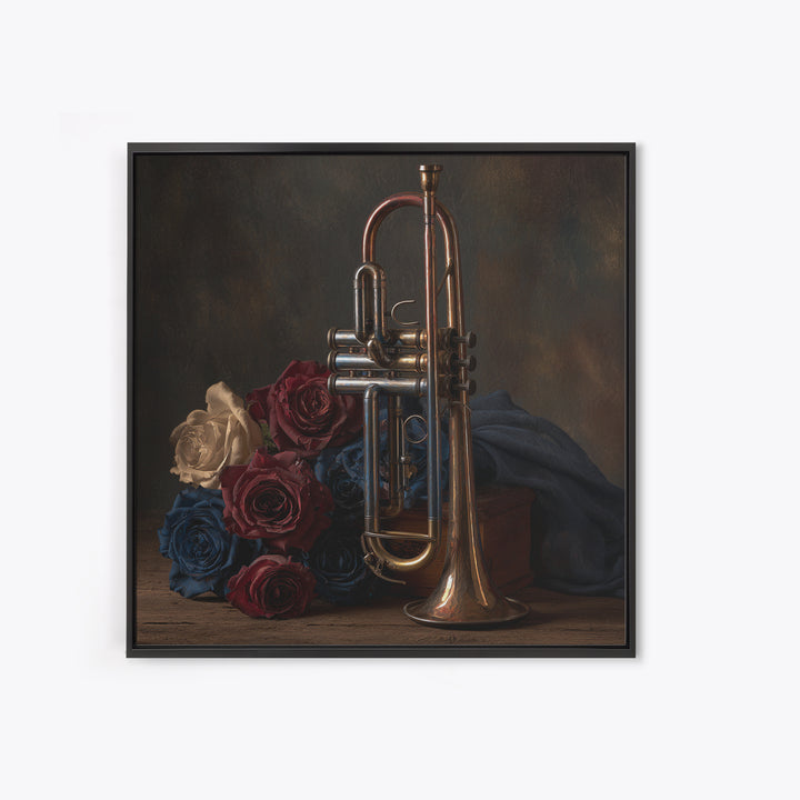 Trumpet and Roses Framed Canvas Print, Music Studio Art, Gallery Decor, Studio Decor, Fine Art, Rhythm, Contemporary Art, MSA-1x1-32