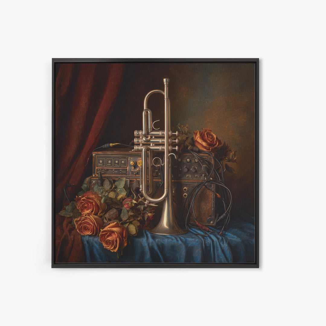 Trumpet and Roses Framed Canvas Print, Music Studio Art, Modern Wall Art, Studio Decor, Rhythm, Boho Art, Travel Wall Art, MSA-1x1-56