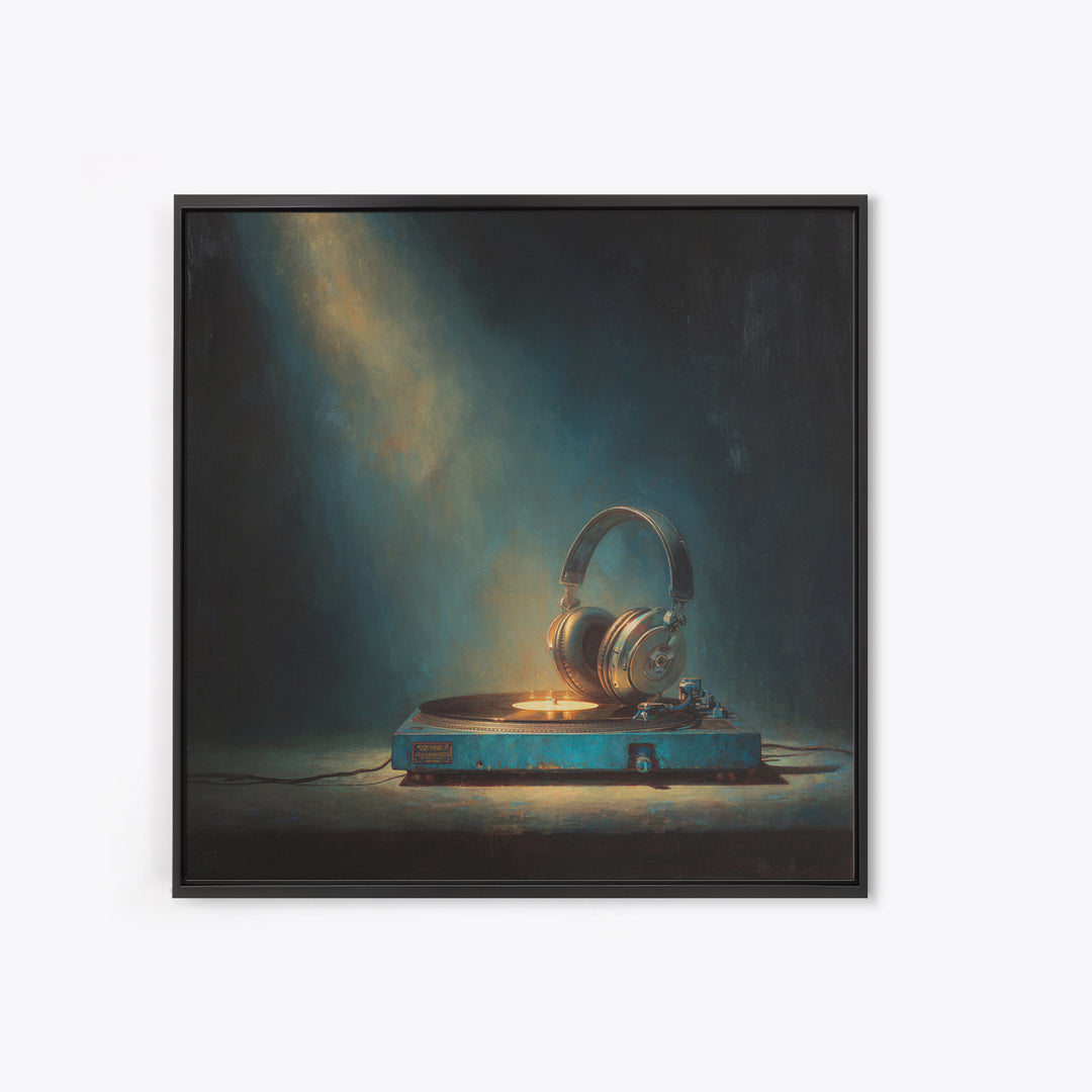 Headphones Around a Glowing Record Canvas Print, Music Studio Art, Gifts for Musicians, Studio Decor, Fine Art, Rhythm, MSA-1x1-59