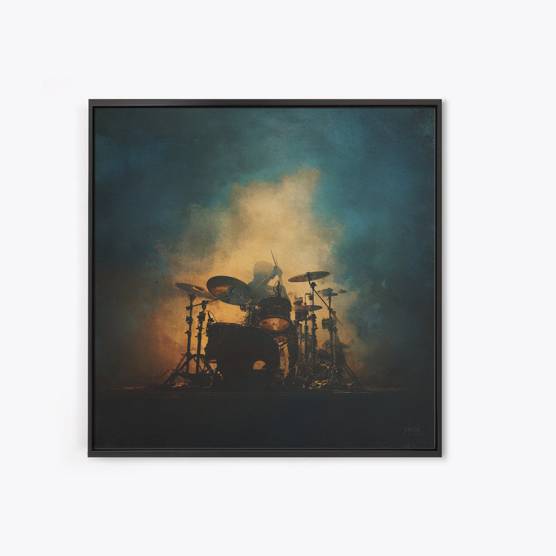 Drum Kit Silhouette Framed Canvas Print, Music Studio Art, Commission Painting, Studio Decor, Watercolor Art, Rhythm, MSA-1x1-6