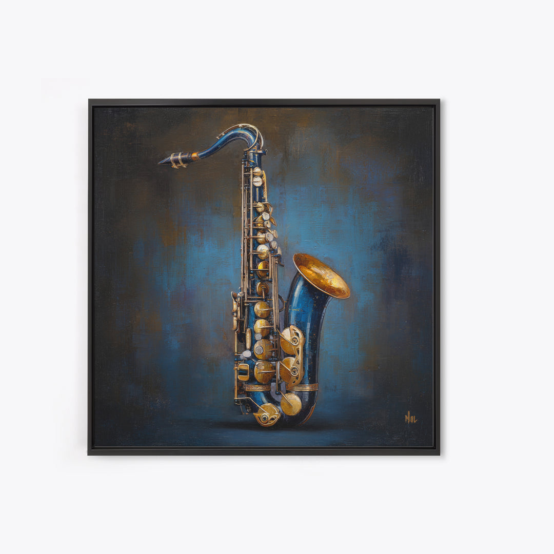 Jazz Saxophone with Smoky Blue Background Framed Canvas Print, Music Studio Art, Music Lover, Studio Decor, Fine Art, Rhythm, MSA-1x1-74