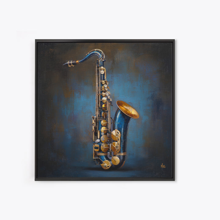 Jazz Saxophone with Smoky Blue Background Framed Canvas Print, Music Studio Art, Music Lover, Studio Decor, Fine Art, Rhythm, MSA-1x1-74