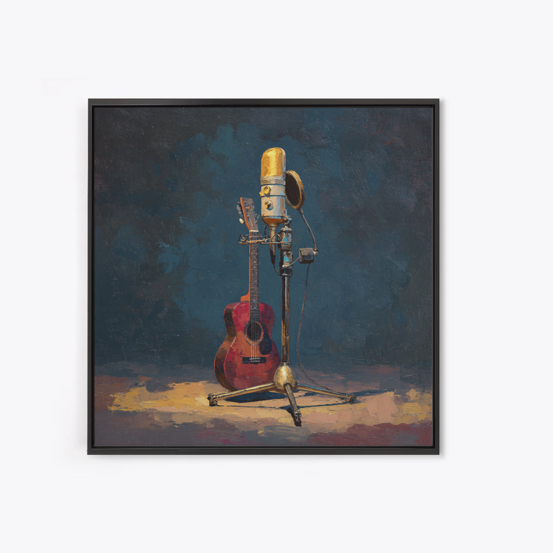 Microphone Portrait with Golden Spotlight Framed Canvas Print, Music Studio Art, Fine Art Print, Studio Decor, Fine Art, Rhythm, MSA-1x1-79