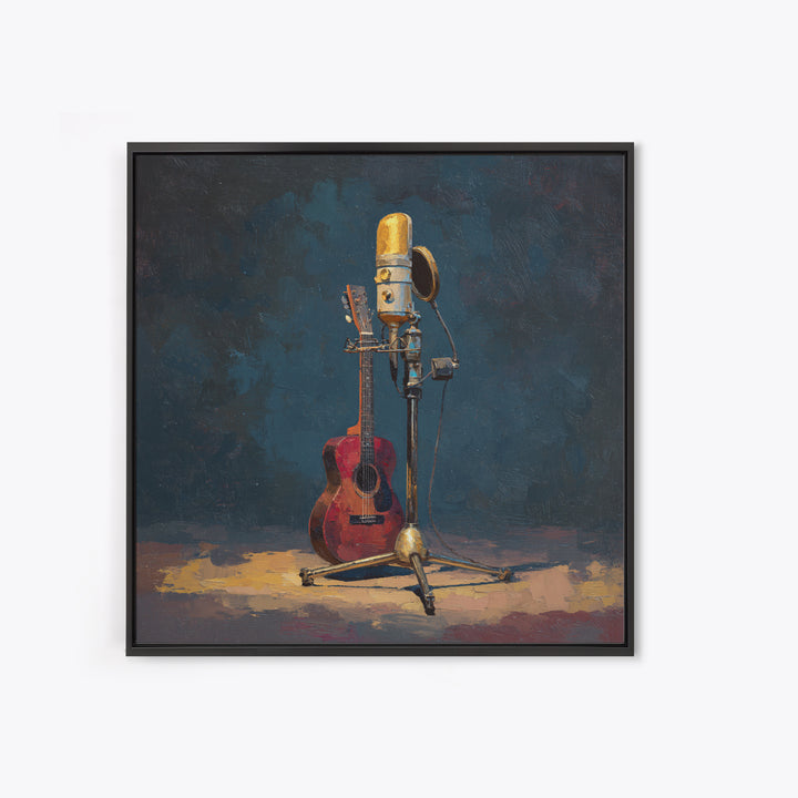 Microphone Portrait with Golden Spotlight Framed Canvas Print, Music Studio Art, Fine Art Print, Studio Decor, Fine Art, Rhythm, MSA-1x1-79