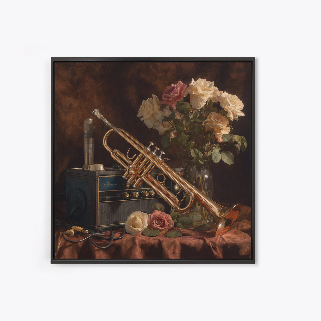 Trumpet and Roses Framed Canvas Print, Music Studio Art, Printable Art, Studio Decor, Rhythm, Music Art, Man Cave Decor, MSA-1x1-8