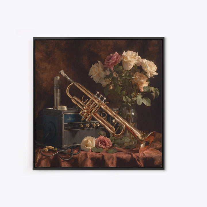 Trumpet and Roses Framed Canvas Print, Music Studio Art, Printable Art, Studio Decor, Rhythm, Music Art, Man Cave Decor, MSA-1x1-8