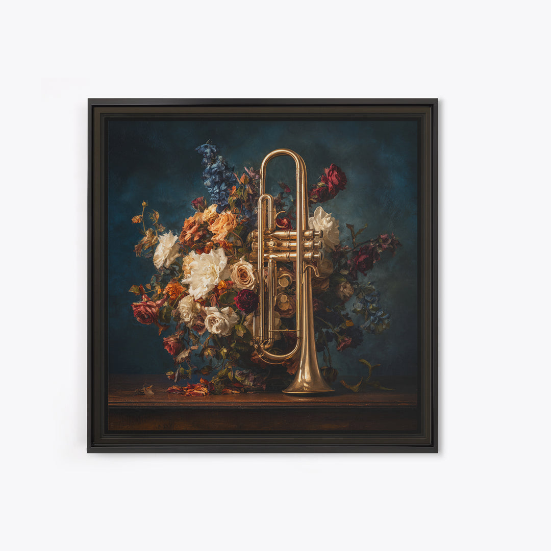 Trumpet and Roses Framed Canvas Print, Music Studio Art, Modern Decor, Studio Decor, Fine Art, Rhythm, Home Decor, Wall Decor, MSA-1x1-80