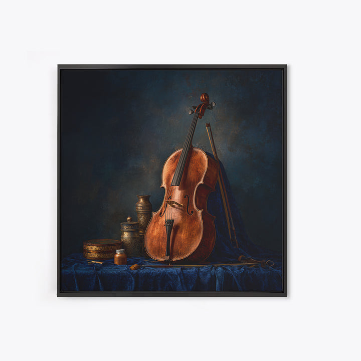 Cello Leaning Against Dark Velvet Backdrop Canvas Print, Music Studio Art, Textured Painting, Studio Decor, Fine Art, Rhythm, MSA-1x1-81