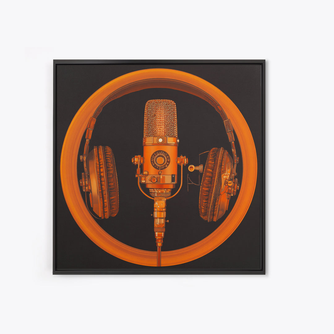 Headphones Around a Glowing Record Framed Canvas Print, Music Studio Art, Statement Artwork, Studio Decor, Fine Art, Rhythm, MSA-1x1-83