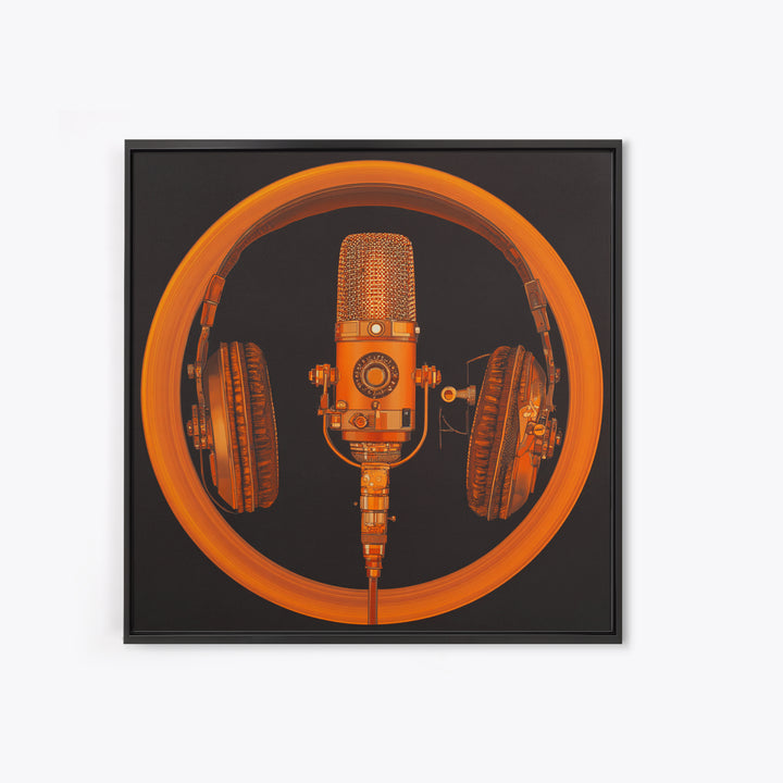 Headphones Around a Glowing Record Framed Canvas Print, Music Studio Art, Statement Artwork, Studio Decor, Fine Art, Rhythm, MSA-1x1-83