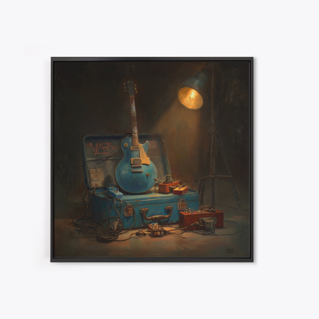 Electric Guitar Pedals and Cables Graphic Art Framed Canvas Print, Music Studio Art, Luxury Decor, Studio Decor, Oil Painting, MSA-1x1-93
