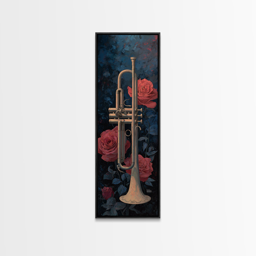 Trumpet and Roses Framed Canvas Print, Music Studio Art, Luxury Decor, Studio Decor, Fine Art, Rhythm, Art Commission, MSA-1x3-20