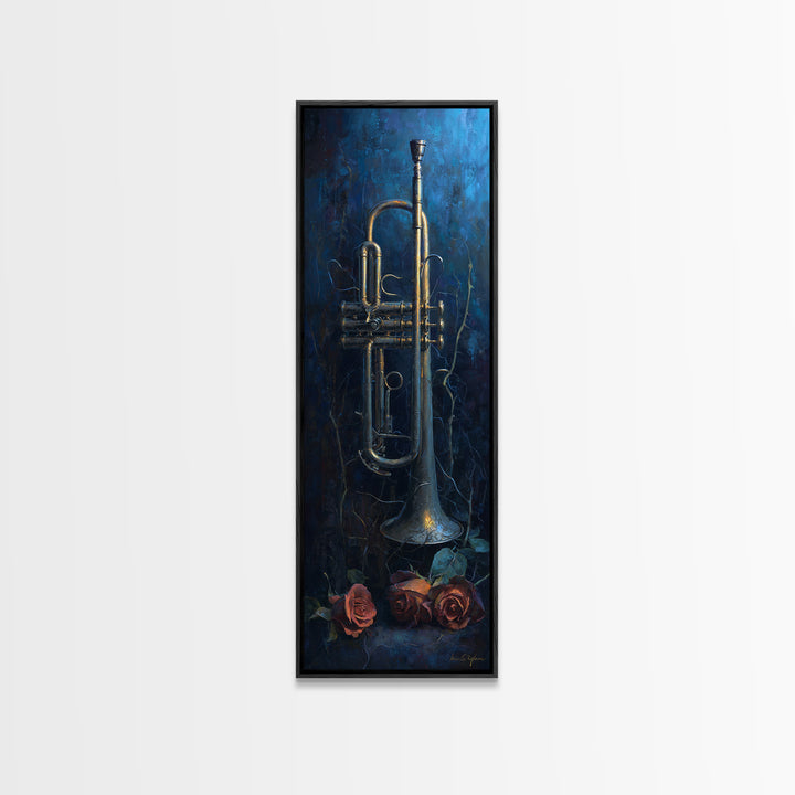 Trumpet and Roses Canvas Print, Music Studio Art, Contemporary Art, Studio Decor, Rhythm, Music Poster, Trendy Wall Art, MSA-1x3-44