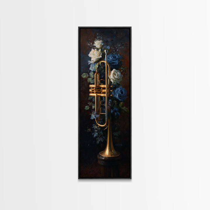 Trumpet and Roses Canvas Print, Music Studio Art, Scripture Wall Art, Studio Decor, Fine Art, Rhythm, Travel Wall Art, MSA-1x3-68