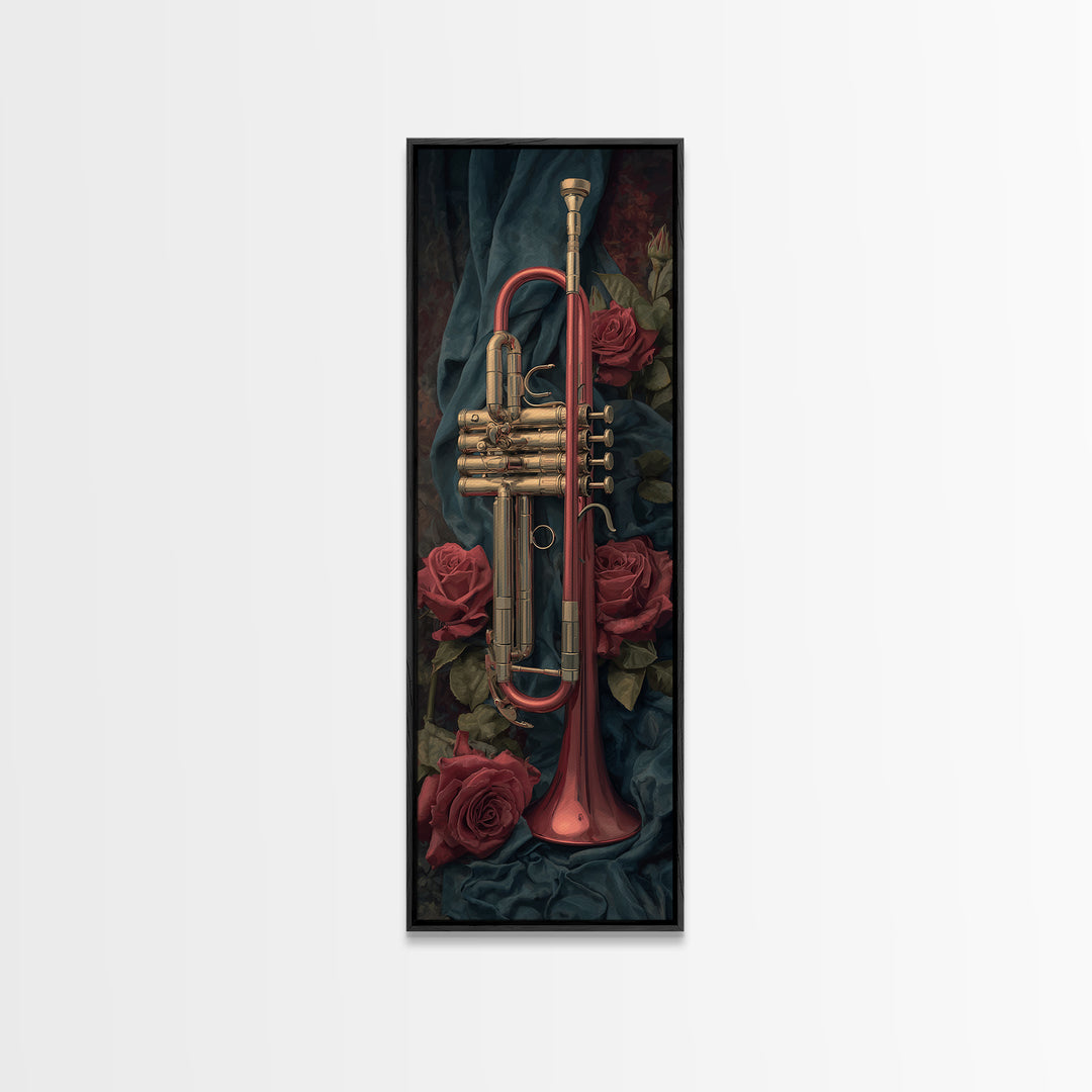 Trumpet and Roses Framed Canvas Print, Music Studio Art, Painting from Photo, Studio Decor, Rhythm, Gifts for Musicians, MSA-1x3-92