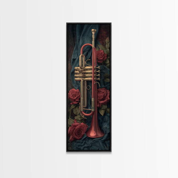 Trumpet and Roses Framed Canvas Print, Music Studio Art, Painting from Photo, Studio Decor, Rhythm, Gifts for Musicians, MSA-1x3-92