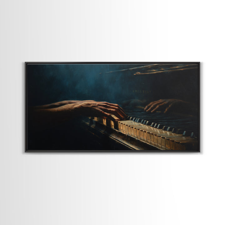 Piano Keys with Hands in Cinematic Shadow Framed Canvas Print, Music Studio Art, Home Decor, Studio Decor, Fine Art, Rhythm, MSA-2x1-25