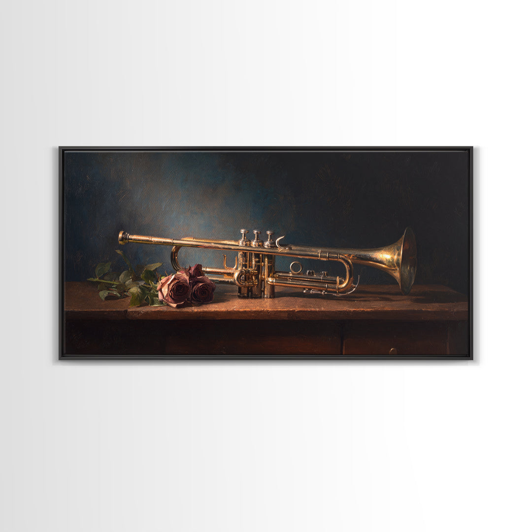 Trumpet and Roses Framed Canvas Print, Music Studio Art, Minimalist Decor, Studio Decor, Fine Art, Rhythm, Scripture Wall Art, MSA-2x1-28