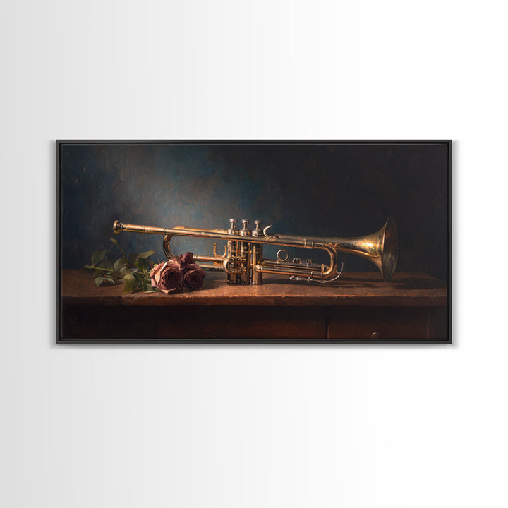 Trumpet and Roses Framed Canvas Print, Music Studio Art, Minimalist Decor, Studio Decor, Fine Art, Rhythm, Scripture Wall Art, MSA-2x1-28