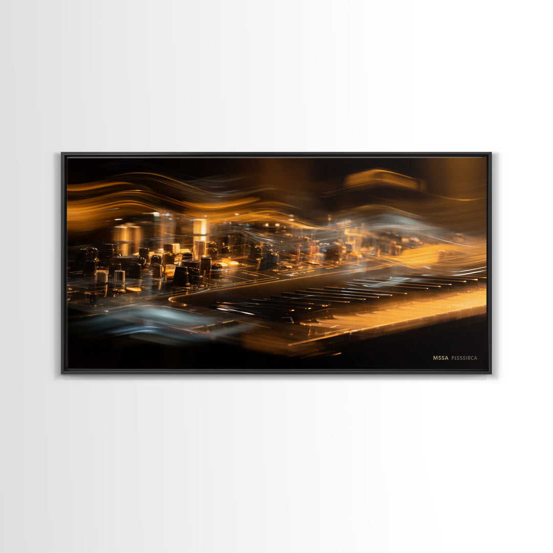 Synthesizer Knobs and Neon Reflections Framed Canvas Print, Music Studio Art, Luxury Decor, Studio Decor, Fine Art, Rhythm, MSA-2x1-30
