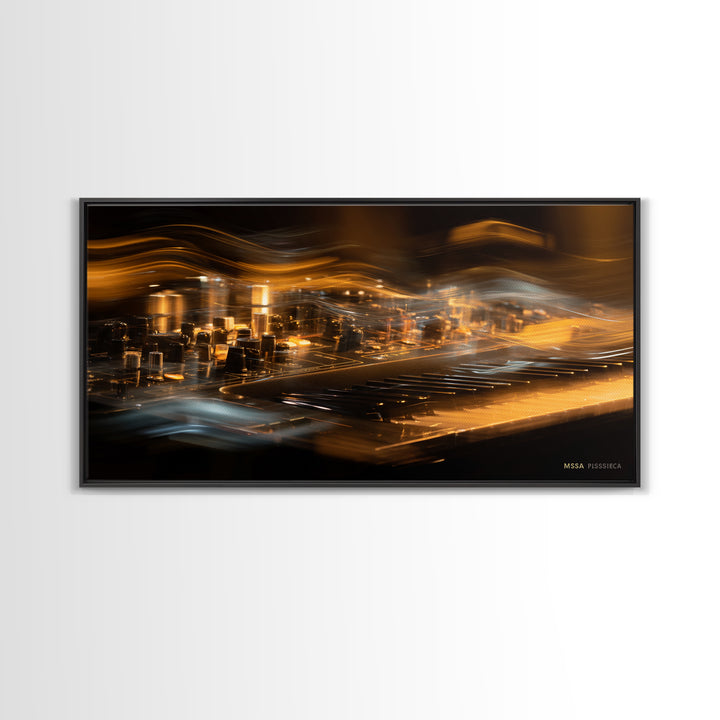 Synthesizer Knobs and Neon Reflections Framed Canvas Print, Music Studio Art, Luxury Decor, Studio Decor, Fine Art, Rhythm, MSA-2x1-30