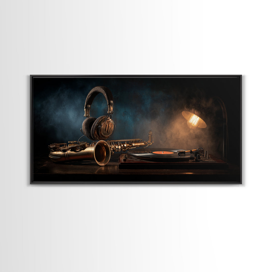 Headphones Around a Glowing Record Canvas Print, Music Studio Art, Printable Art, Studio Decor, Fine Art, Rhythm, Music Art, MSA-2x1-31