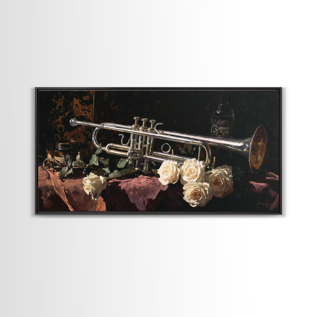 Trumpet and Roses Canvas Print, Music Studio Art, Printable Wall Art, Studio Decor, Fine Art, Rhythm, Painting from Photo, MSA-2x1-52