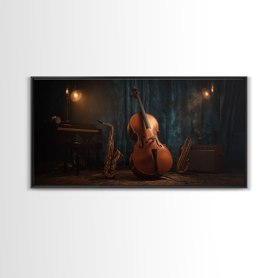 Cello Leaning Against Dark Velvet Backdrop Canvas Print, Music Studio Art, Printable Art, Studio Decor, Oil Painting, Rhythm, MSA-2x1-53
