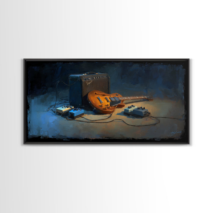 Electric Guitar Pedals and Cables Graphic Art Framed Canvas Print, Music Studio Art, Metal Wall Art, Studio Decor, Abstract Art, MSA-2x1-65