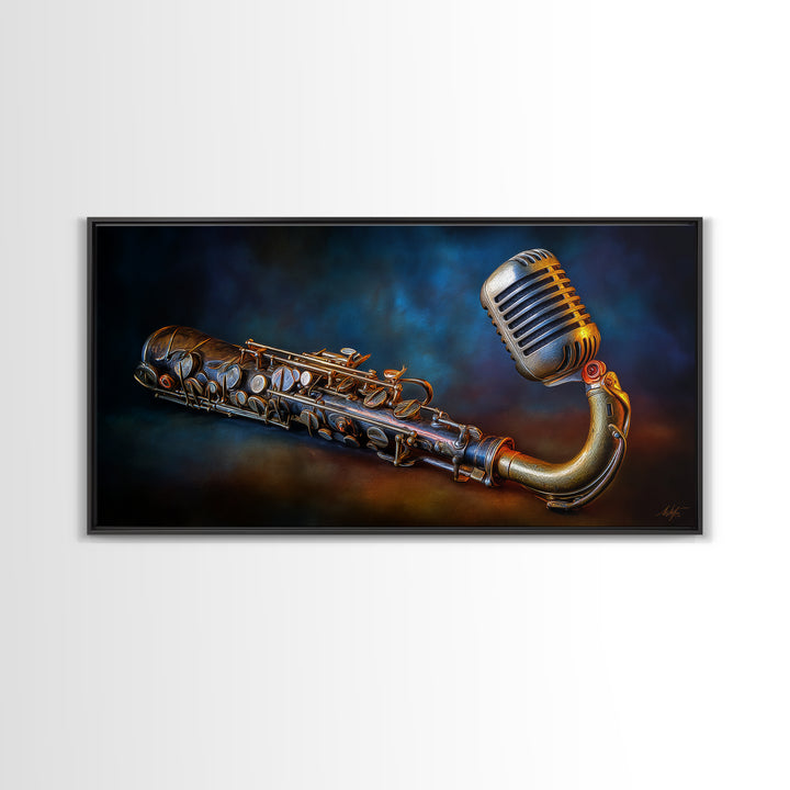 Microphone Portrait with Golden Spotlight Framed Canvas Print, Music Studio Art, Boho Decor, Studio Decor, Oil Painting, Rhythm, MSA-2x1-75