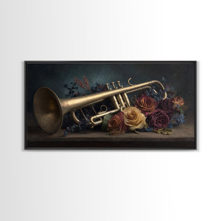 Trumpet and Roses Canvas Print, Music Studio Art, Digital Download Art, Studio Decor, Fine Art, Rhythm, Music Lover Gift, MSA-2x1-76