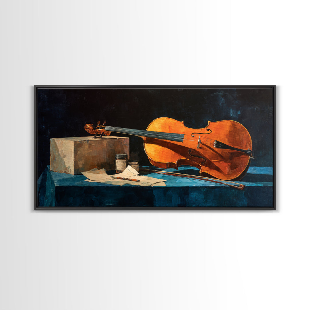 Cello Leaning Against Dark Velvet Backdrop Canvas Print, Music Studio Art, Printable Art, Studio Decor, Oil Painting, Rhythm, MSA-2x1-77