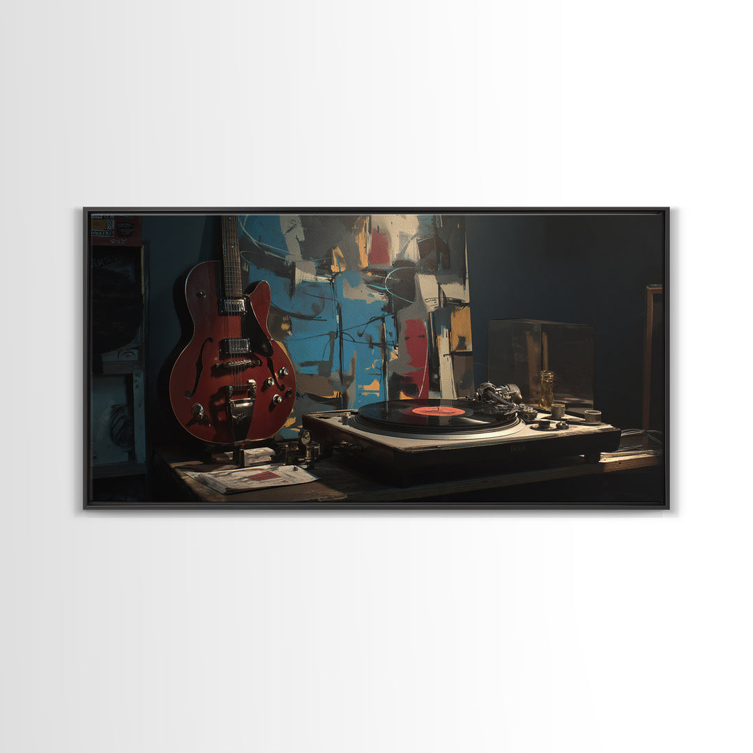 Vinyl Record and Turntable Still Life Framed Canvas Print, Music Studio Art, Gifts for Musicians, Studio Decor, Rhythm, MSA-2x1-95