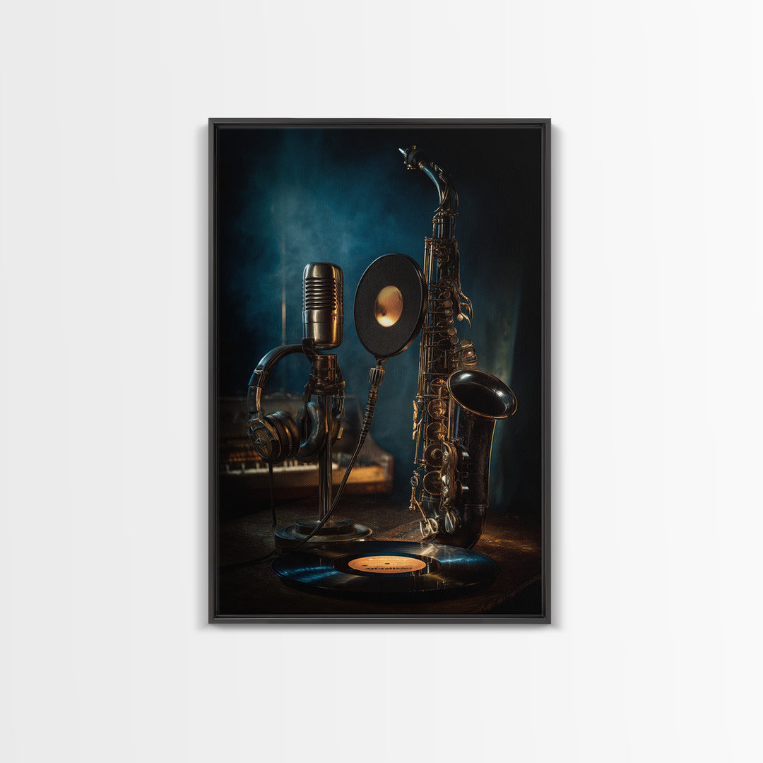 Headphones Around a Glowing Record Framed Canvas Print, Music Studio Art, Neutral Decor, Studio Decor, Fine Art, Rhythm, MSA-2x3-19