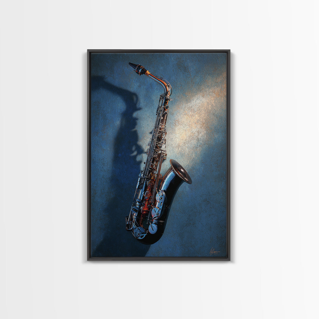 Jazz Saxophone with Smoky Blue Background Framed Canvas Print, Music Studio Art, Contemporary Art, Studio Decor, Rhythm, MSA-2x3-34