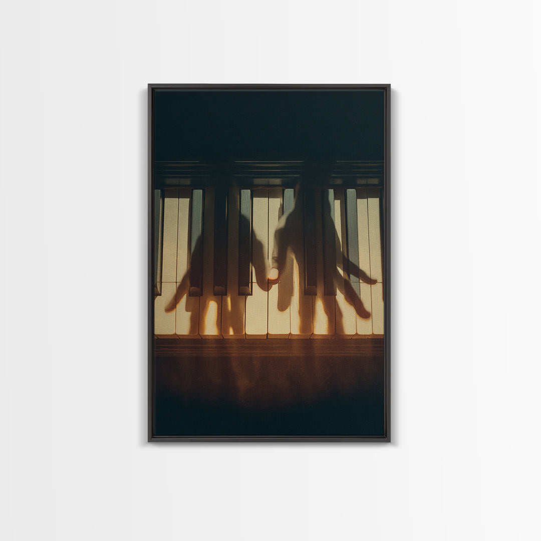Piano Keys with Hands in Cinematic Shadow Framed Canvas Print, Music Studio Art, Music, Studio Decor, Fine Art, Rhythm, MSA-2x3-37