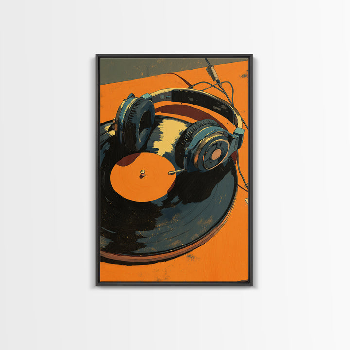 Headphones Around a Glowing Record Framed Canvas Print, Music Studio Art, Contemporary Art, Studio Decor, Fine Art, Rhythm, MSA-2x3-43