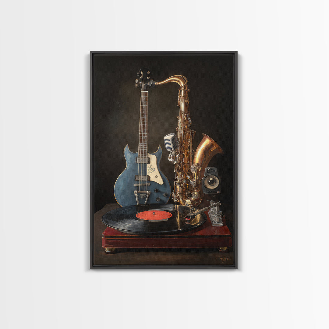 Vinyl Record and Turntable Still Life Framed Canvas Print, Music Studio Art, Music, Studio Decor, Oil Painting, Rhythm, MSA-2x3-59