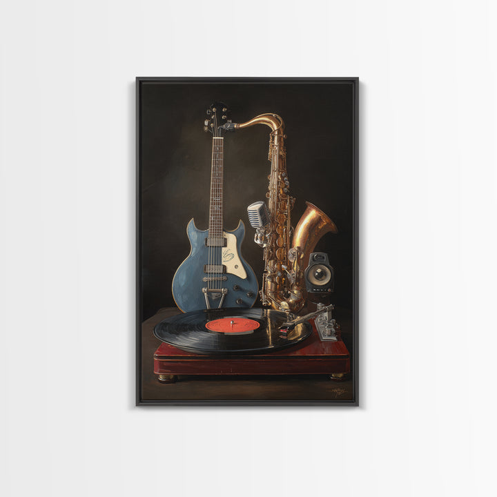 Vinyl Record and Turntable Still Life Framed Canvas Print, Music Studio Art, Music, Studio Decor, Oil Painting, Rhythm, MSA-2x3-59