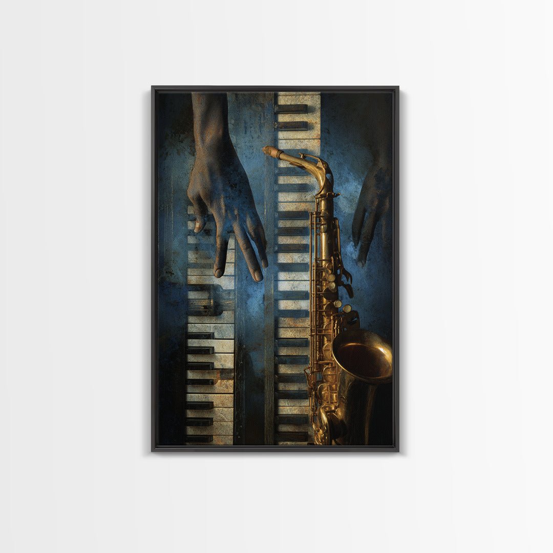 Piano Keys with Hands in Cinematic Shadow Framed Canvas Print, Music Studio Art, Wall Art Printable, Studio Decor, Rhythm, MSA-2x3-85
