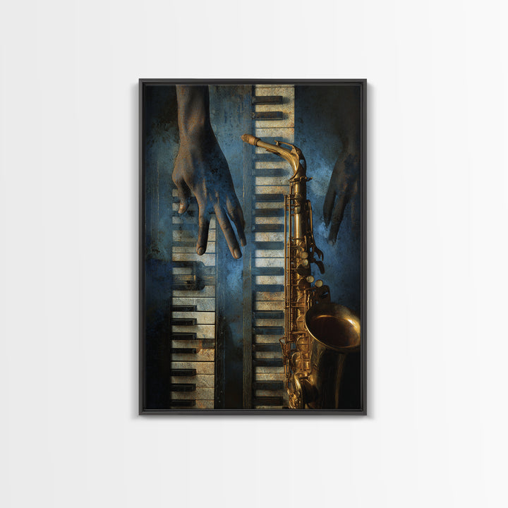 Piano Keys with Hands in Cinematic Shadow Framed Canvas Print, Music Studio Art, Wall Art Printable, Studio Decor, Rhythm, MSA-2x3-85