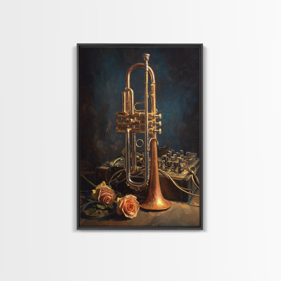 Trumpet and Roses Framed Canvas Print, Music Studio Art, Digital Wall Art, Studio Decor, Fine Art, Rhythm, Commission Painting, MSA-2x3-88