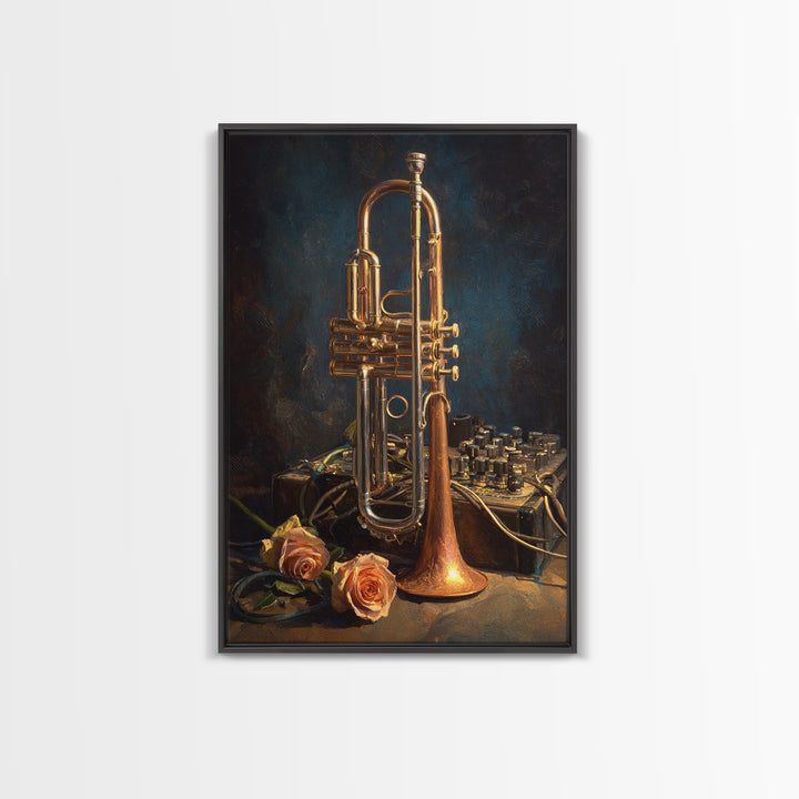 Trumpet and Roses Framed Canvas Print, Music Studio Art, Digital Wall Art, Studio Decor, Fine Art, Rhythm, Commission Painting, MSA-2x3-88