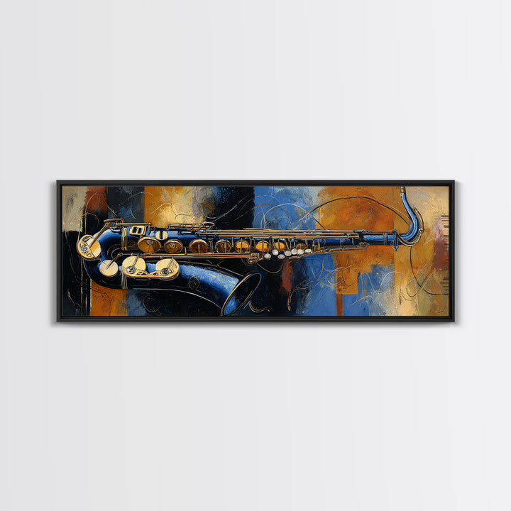 Jazz Saxophone with Smoky Blue Background Framed Canvas Print, Music Studio Art, Custom Painting, Studio Decor, Rhythm, MSA-3x1-18