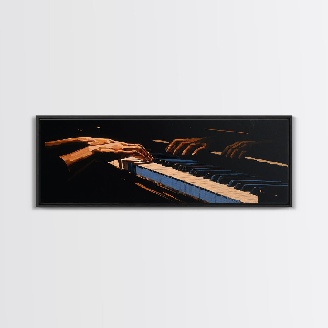 Piano Keys with Hands in Cinematic Shadow Canvas Print, Music Studio Art, Watercolor Print, Studio Decor, Fine Art, Rhythm, MSA-3x1-21