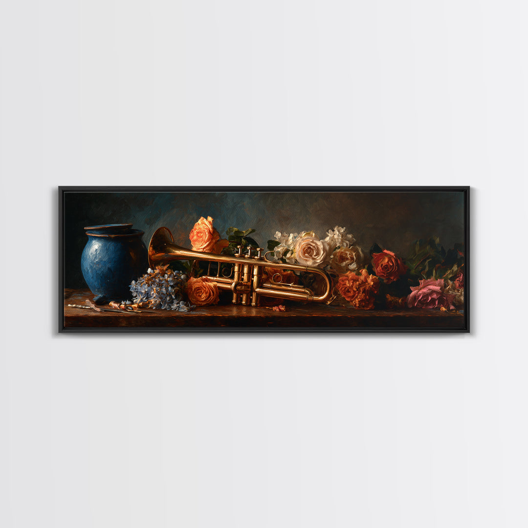 Trumpet and Roses Canvas Print, Music Studio Art, Music Gift, Studio Decor, Fine Art, Rhythm, Room Decor, Textured Painting, MSA-3x1-24