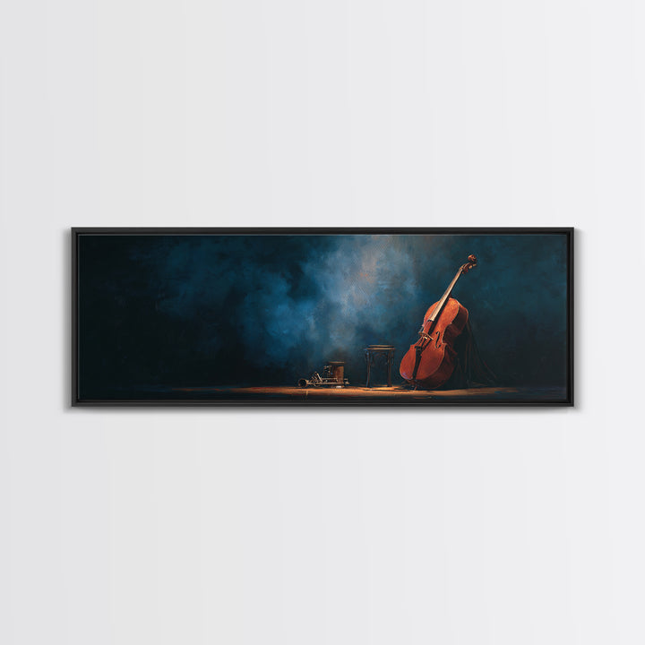 Cello Leaning Against Dark Velvet Backdrop Canvas Print, Music Studio Art, Commission Painting, Studio Decor, Abstract Art, MSA-3x1-25