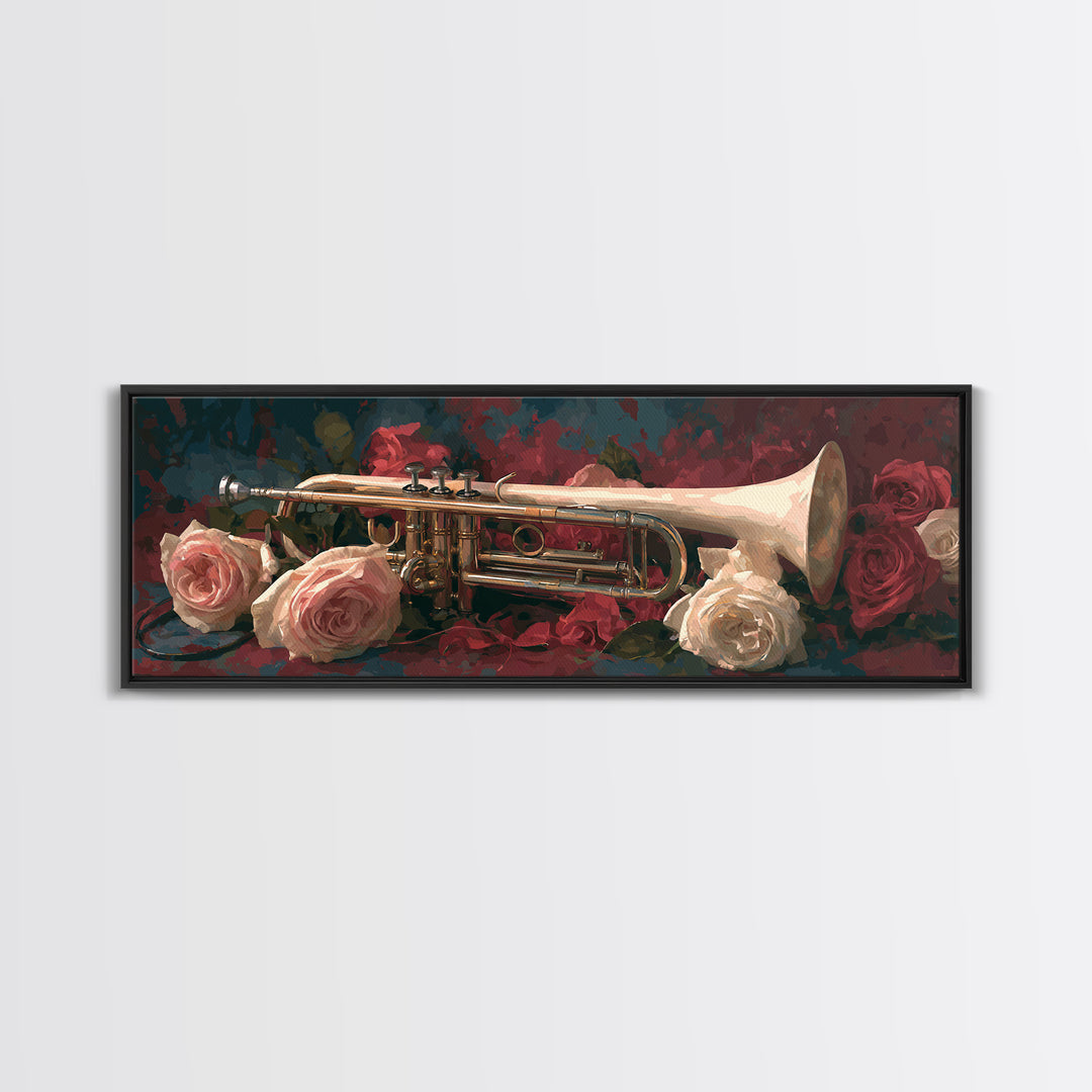 Trumpet and Roses Canvas Print, Music Studio Art, Art Print, Studio Decor, Fine Art, Rhythm, Digital Wall Art, Printable Art, MSA-3x1-48